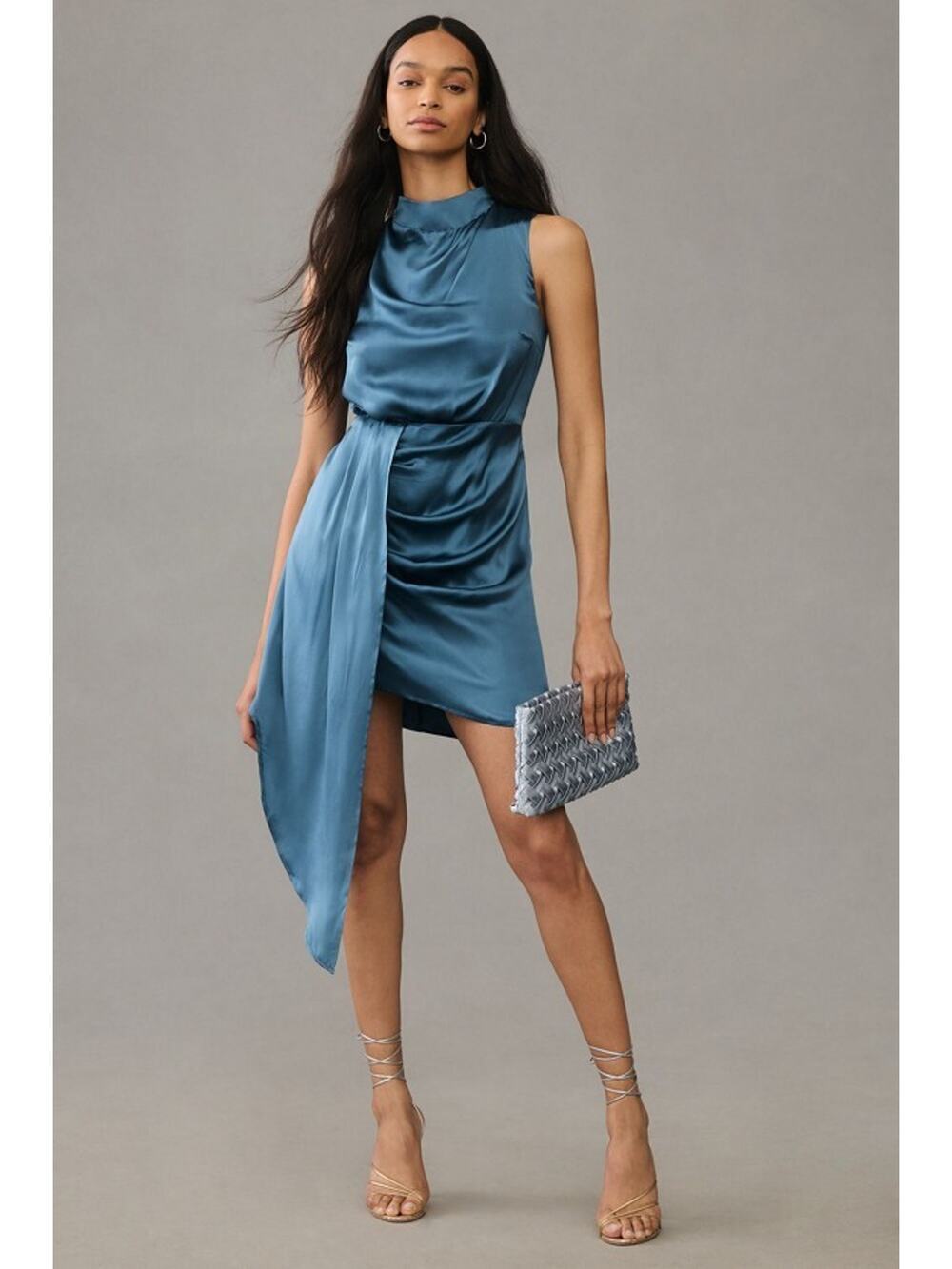 NWD By Anthropologie Mock-Neck Draped Silk Dress Size 8 Slate #C3403